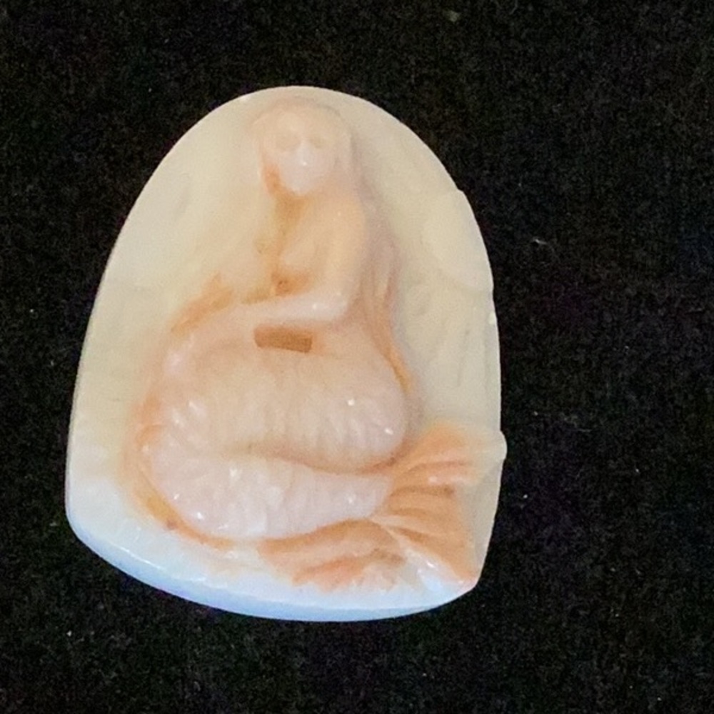 2” Palest Sea Shell Pink Mermaid Carved Stone off Oval Pendant Cameo